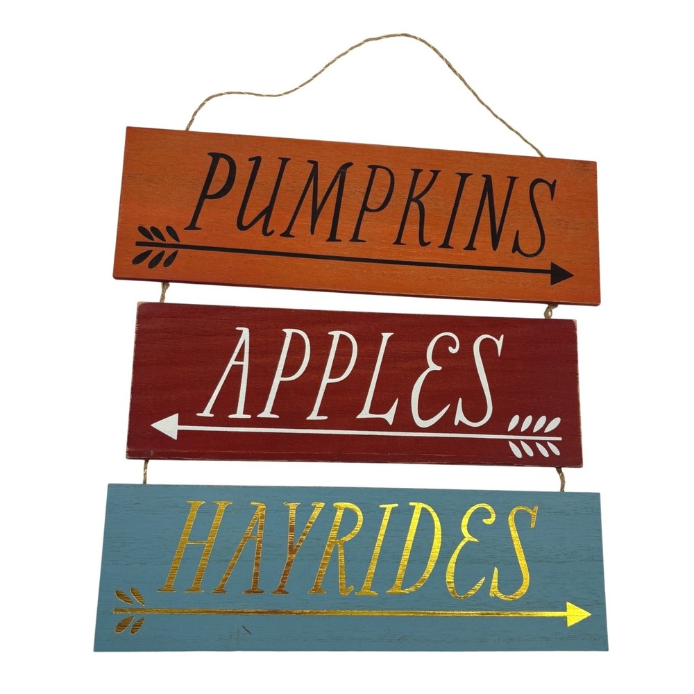 Fall Gather Harvest Hanging Wood Sign Pumpkins Apples Hayrides Arrow 3 Tier
